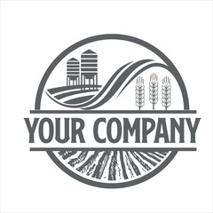 Vector art of farm logo with silos, wheat, and fields