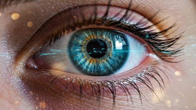 A closeup captures a human eye featuring a vibrant blue and amber iris black pupil eyelashes and subtle skin textures