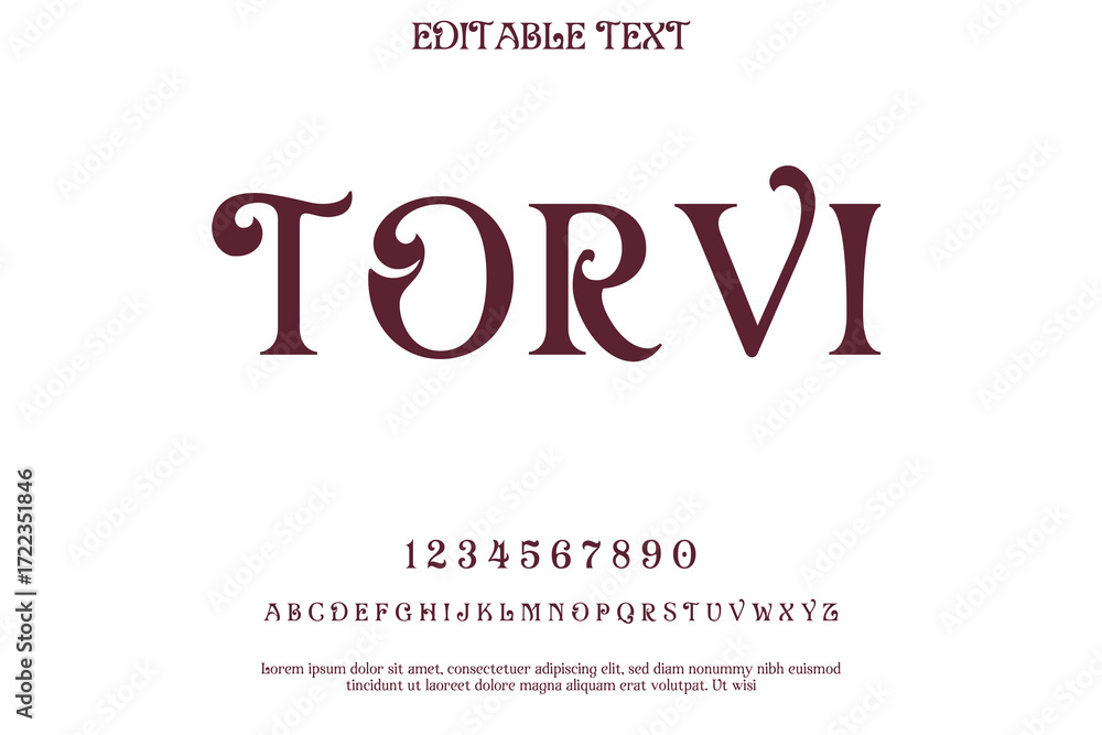 Poster elegant torvi font display with uppercase letters numbers and symbols
