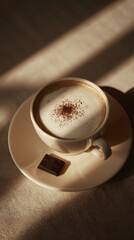 Cup of coffee with chocolate bar. Natural shadows.