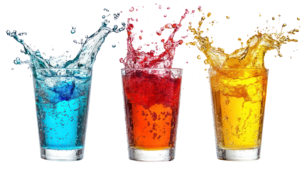 Three colorful cocktails splashing in tall glasses isolated on transparent background