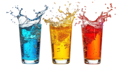 Three colorful drinks splashing in tall glasses isolated on transparent background