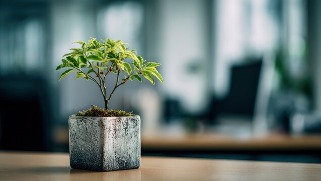 A small, vibrant green plant in a metallic cube-shaped pot sits on a light brown wooden surface, with a blurred office background