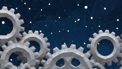 Dynamic interlocking gears symbolize complex systems and technological innovation with a connected digital network background