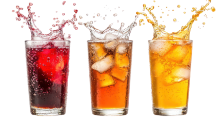 Three tall glasses of refreshing cold drinks splashing isolated on transparent background