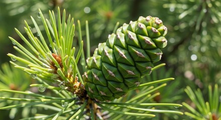 A vibrant green immature pine cone rests on a branch of an evergreen tree adorned with delicate water droplets on its sharp needles set against a soft out-of-focus green background
