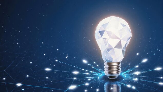 Sparkling diamond lightbulb ignites innovation and bright ideas across a futuristic network of glowing connections
