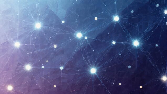 Dynamic network of glowing nodes and connections represents abstract digital data flow and global connectivity