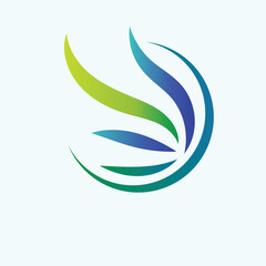 Vector art of abstract flowing wings logo with green and blue gradient on light blue background