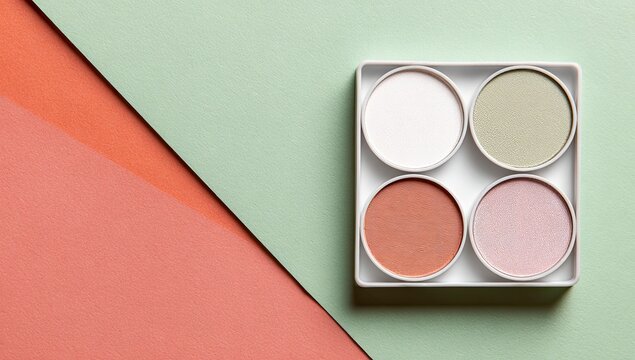 A square palette with four circular compartments containing different shades of makeup powder sits on a pastel green and coral background