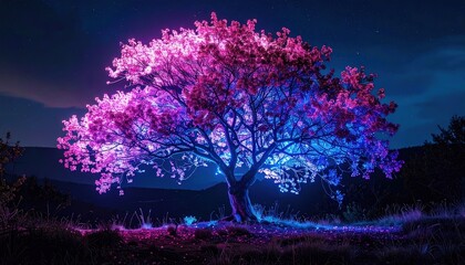 A magnificent tree adorned with vibrant pink and blue lights stands out against a night sky full of stars, creating a mesmerizing and enchanting scene.