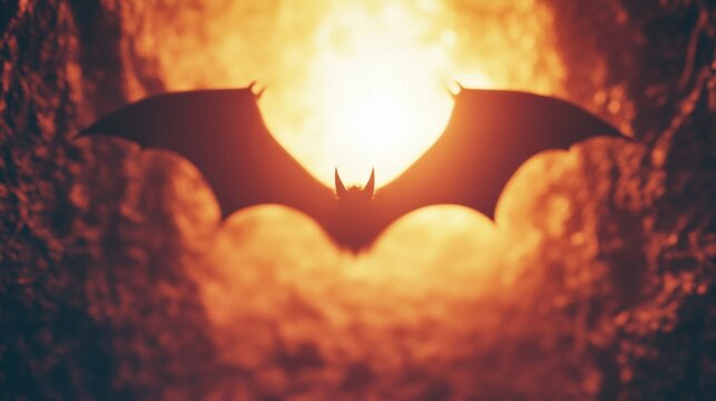 Bats flying in warm orange glow during dusk in a cave - Powered by Adobe