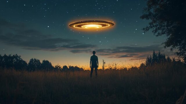 Silhouette of man standing in field at night looking at glowing UFO hovering in the sky, symbolizing mystery, alien encounter, unknown cosmic life, extraterrestrial research and futuristic imagination