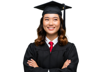Young Asian woman in graduation cap and gown looking up with a smile, celebrating academic achievement