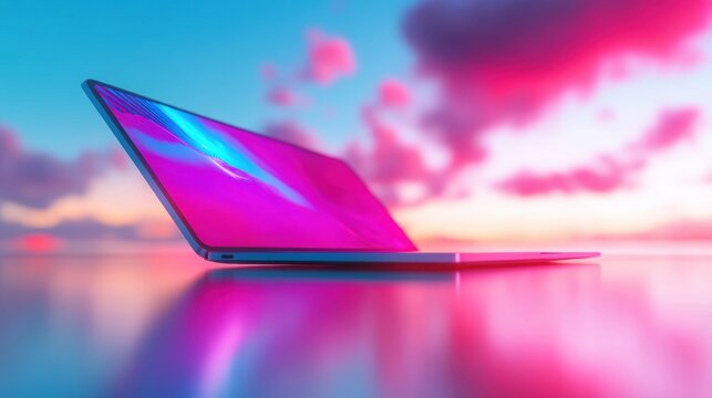 Bright laptop against a colorful sunset sky with clouds reflecting on water