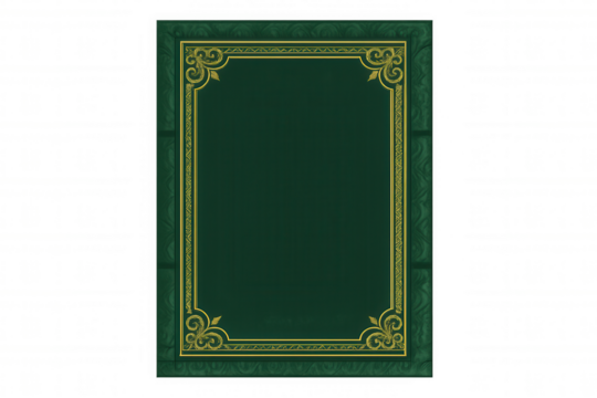 Green book cover with ornate gold frame border. Blank elegant old-fashioned vintage design