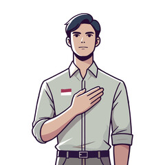 Man with hands on chest symbolizes pride in Indonesia in a white background