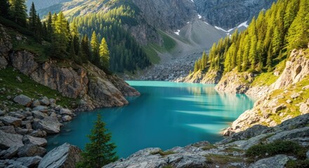 Turquoise alpine lake nestled amongst towering rocky mountains and evergreen forests. Sunlight casts shadows on the placid water