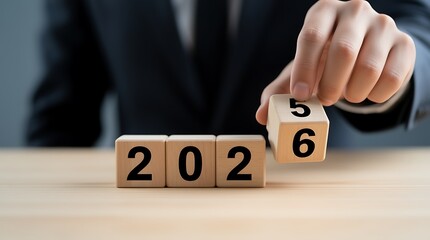 Naklejka premium Businessperson changing wooden blocks from 2025 to 2026, representing year transition or planning