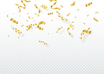 Obraz premium Gold Confetti and ribbons celebration party design element, Falling shiny gold confetti isolated on transparent