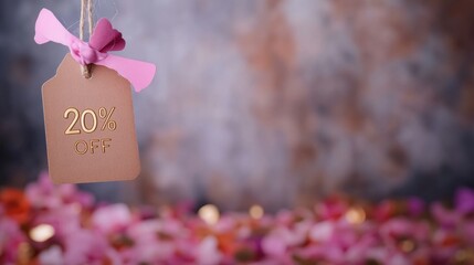 Discount tag hanging with floral background for a sale promotion event