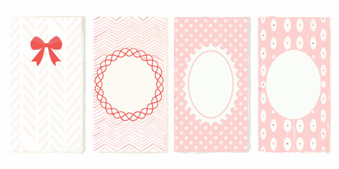 Set of four decorative pastel pink and cream frames with patterns and bows for invitations or cards