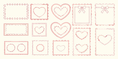 Collection of hand drawn pink heart and scalloped edge frames and borders for design