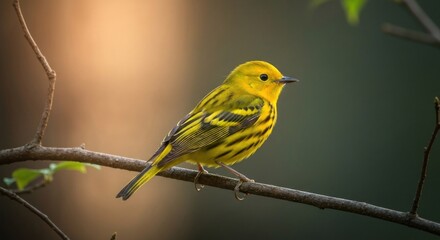 Fototapeta premium Yellow bird perched on a branch. Soft light bathes the bird
