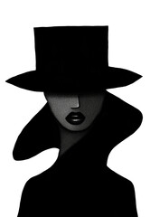 Mysterious abstract portrait of woman in large black hat, minimalist black and white modern illustration, editable PNG with transparent background for posters, creative wall decor, fashion projects