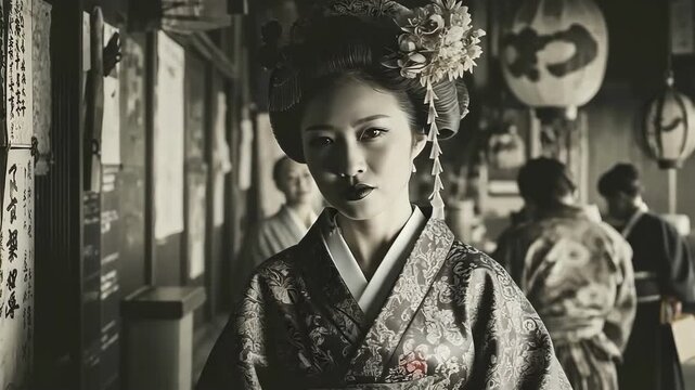Elegant geisha in traditional kimono, striking pose in a vintage setting.
