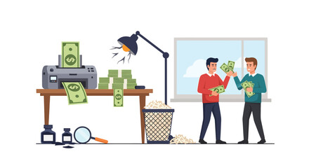 Counterfeit Cash Operation Two Men Sharing Illegally Printed Money.