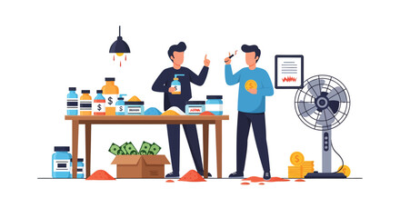 Two stylized figures with money bottles powders fan and a box of cash. © Arie