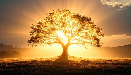 A majestic tree stands silhouetted against a radiant sunrise, bathed in golden light, casting a peaceful and inspiring scene across a meadow.
