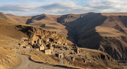 Ancient cliffside settlement with stone buildings and cave dwellings in a vast dry mountainous landscape with a winding dirt road