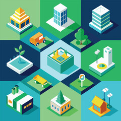 Isometric illustrations of urban and natural elements
