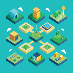 Isometric Miniature World with Buildings and Landscapes