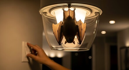 A hand reaches for a light switch while a bat hangs upside down inside a glass ceiling light fixture, creating a humorous and unexpected nocturnal wildlife encounter indoors.