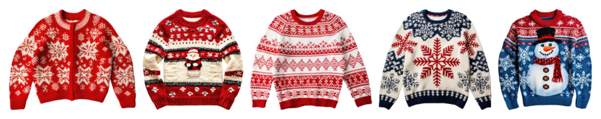 PNG Festive colorful winter sweaters displayed, element set on transparent background