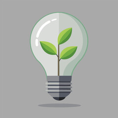 Light bulb with three leaf green sprout inside on gray background