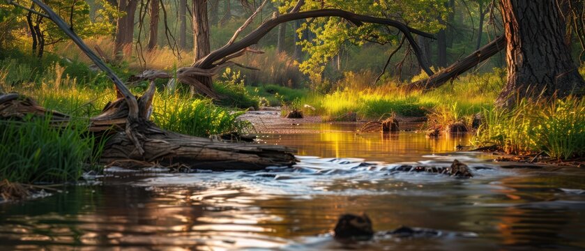 Forest creek scene sunlight