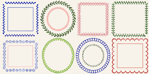 Collection of eight decorative hand drawn frames and borders in various shapes and colors