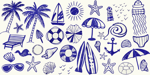 Collection of hand drawn blue beach and summer vacation icons and elements on a white background