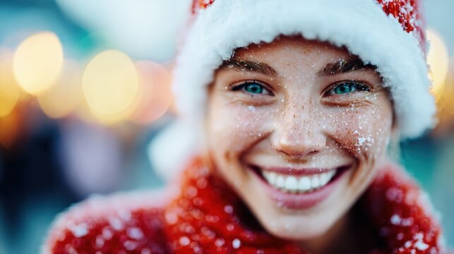 Smiling woman with snow on her hat and sweater at winter market
