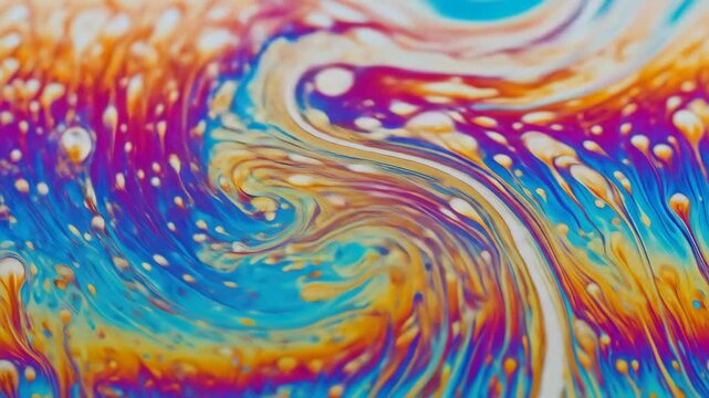 psychedelic patterns on soap bubble's surface. vibrant, iridescent colors flow in mesmerizing abstract design. scientific background, fluid art, creative texture.