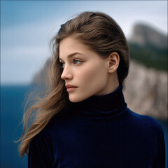 Fototapeta premium Portrait woman blue turtleneck sea cliff wind serene natural outdoor beauty young fashion model elegant hairstyle landscape