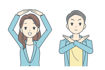 OKサインを出すジャケットを着た女性と,拒否のサインを出すジャケットを着た男性のイラスト