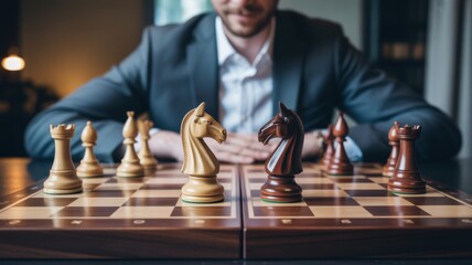 Strategic Mindset: A poised figure contemplates a chess game, his focus intense as he strategizes his next move on the checkered board, symbolizing intellect and forethought.