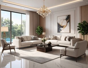 A stylish living room interior featuring modern designer furniture and elegant accessories.