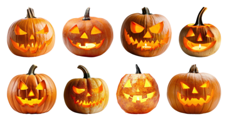PNG Carved pumpkins with glowing faces, element set on transparent background