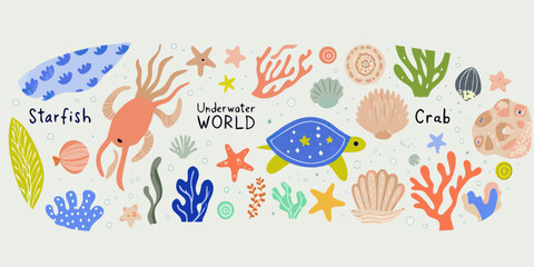 Charming hand drawn underwater world illustration with starfish turtle coral and shells
